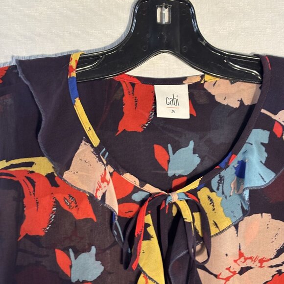Cabi Floral Long-Sleeve Sheer Blouse With Tie Neck & Elastic Cuffs Womens Size M - Picture 2 of 10